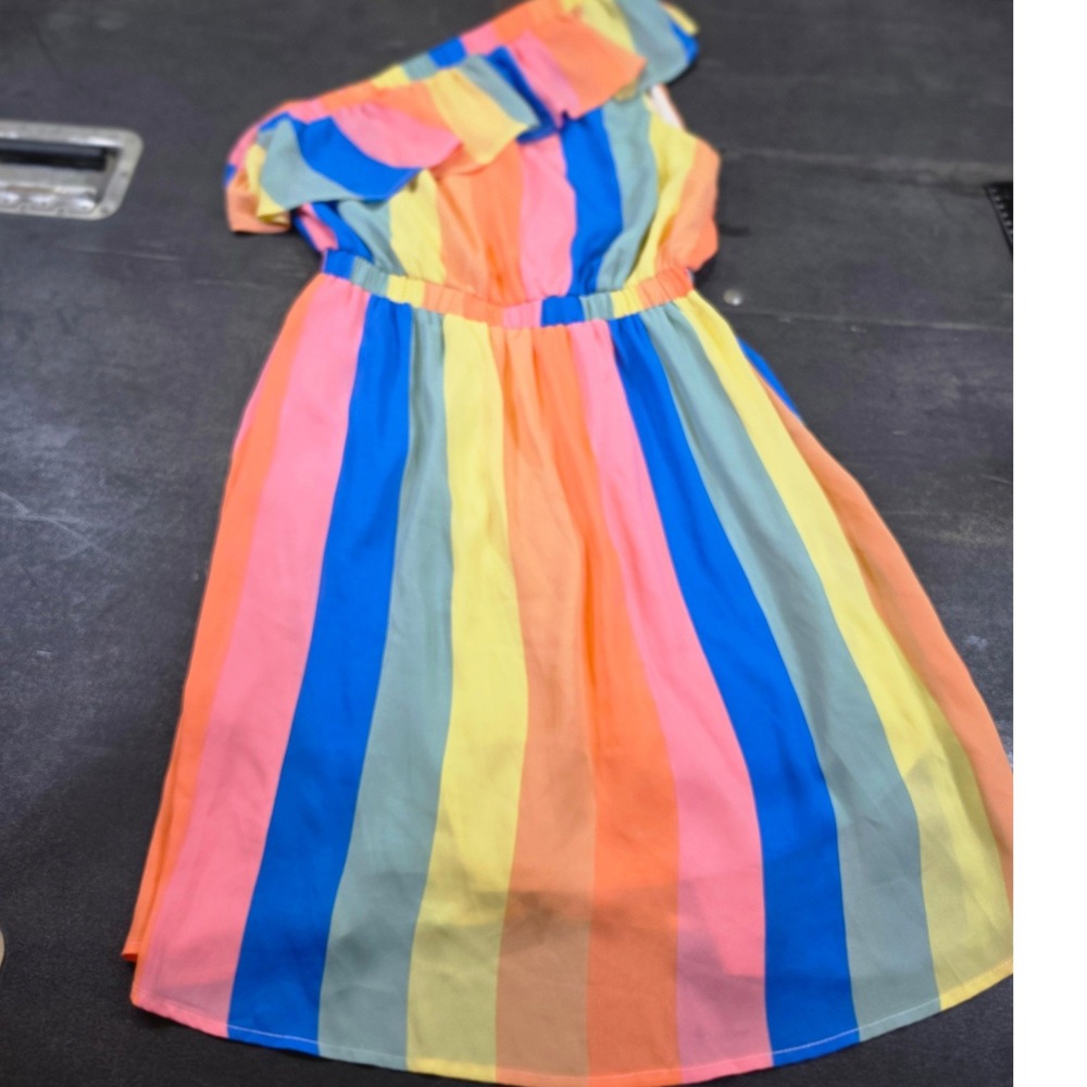 Emily Wonder One Shoulder Ruffle Mini Dress Multi-Color Stripe Size S 94379-2